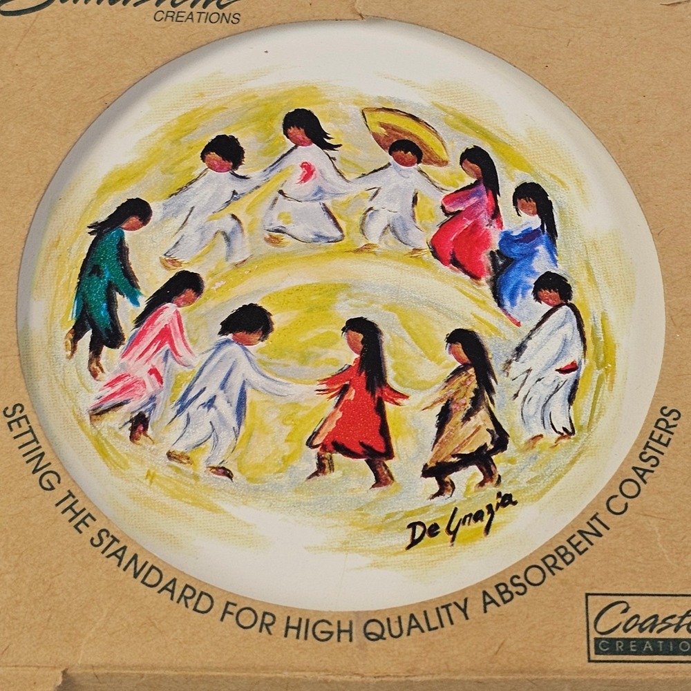 Vtg Set of 4 De Grazia Sandstone Coasters ~4.5" NIB Los Ninos Southwestern Art